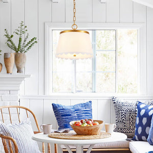 Cream White Fabric Drum Pendant Light – 3-Light Chandelier with Antique Brass Finish