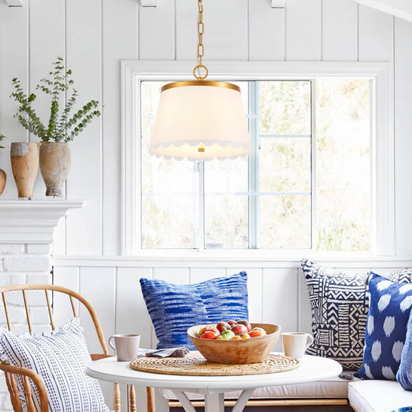 Cream White Fabric Drum Pendant Light – 3-Light Chandelier with Antique Brass Finish