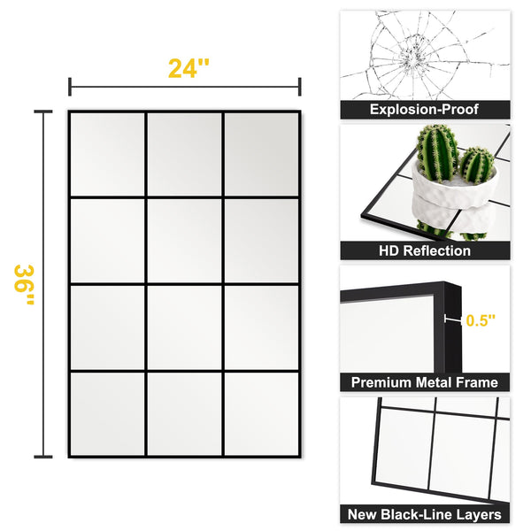 Windowpane Grid Wall Mirror – Black Metal Frame