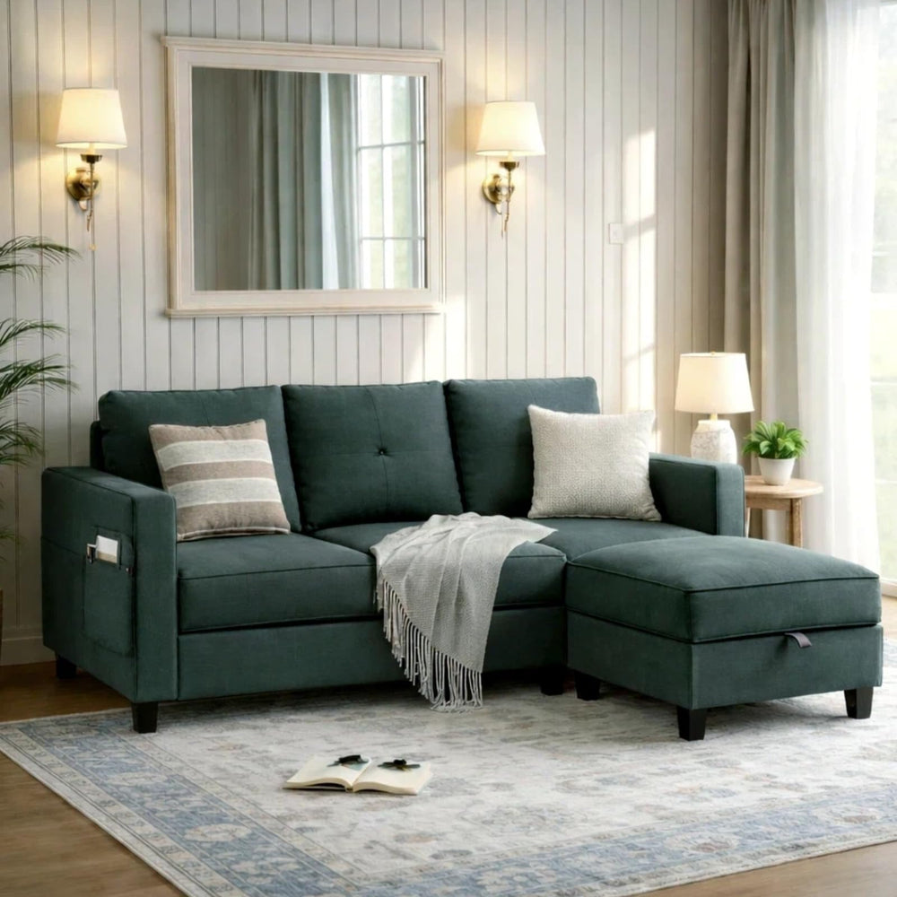 L-Shaped Sectional Sofa with Reversible Storage Ottoman