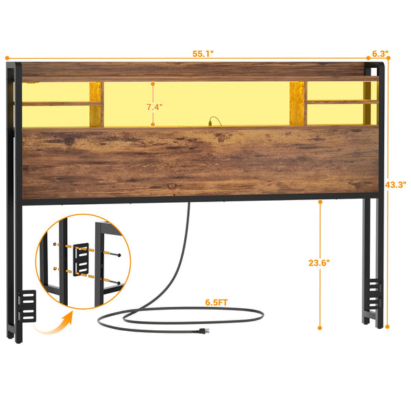 Storage Headboard with LED Light, Power Outlets & USB Ports