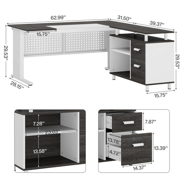 L-Shaped Executive Desk with File Cabinet & Storage Shelves