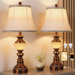 Farmhouse Tall Table Lamps Set of 2 with Nightlight & USB Ports