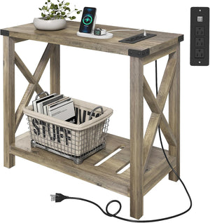Farmhouse End Tables Set of 2 with Charging Station & Storage Shelf