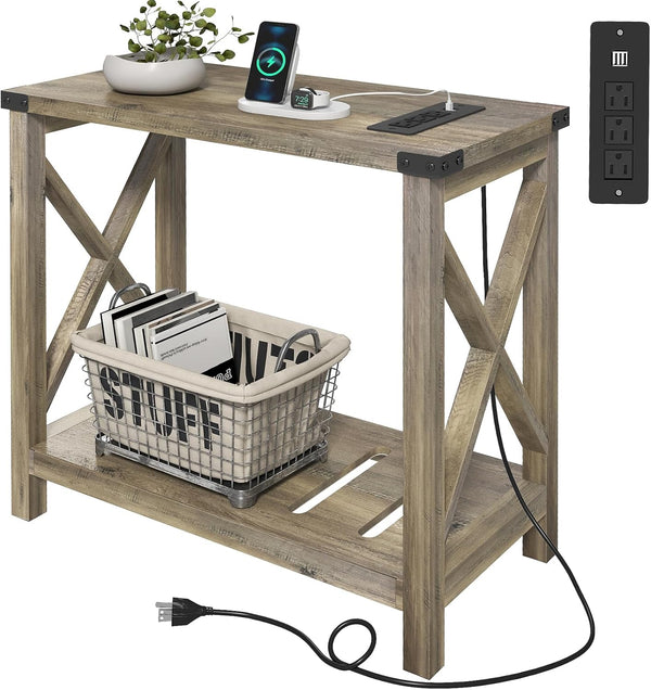 Farmhouse End Tables Set of 2 with Charging Station & Storage Shelf