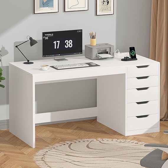 47-Inch Computer Desk with 5 Drawers & Power Outlets