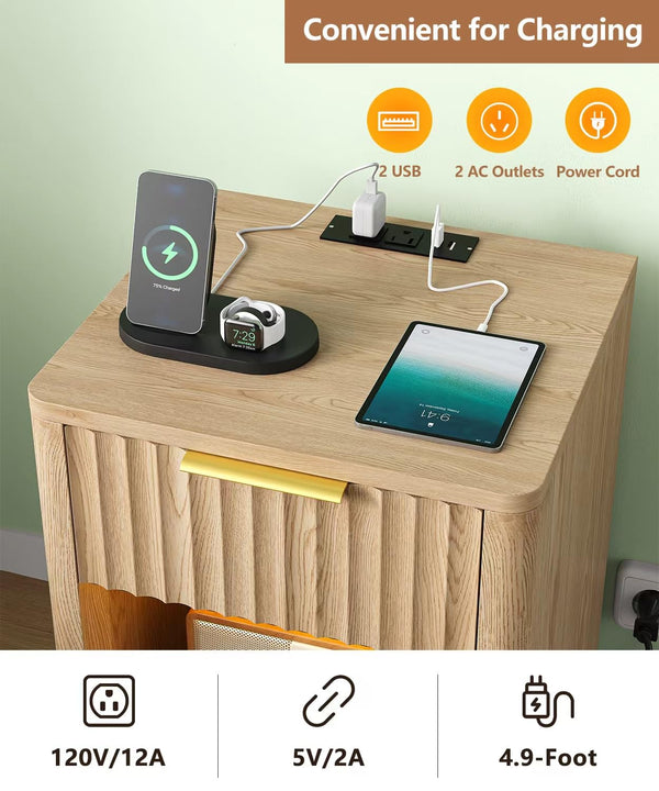 Fluted Nightstand with Charging Station & LED Light