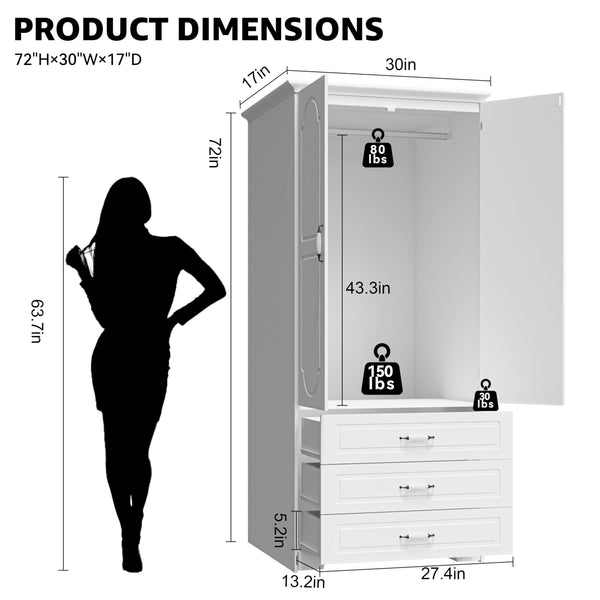 Armoire Wardrobe Closet with Drawers, LED Light & Hanging Rod