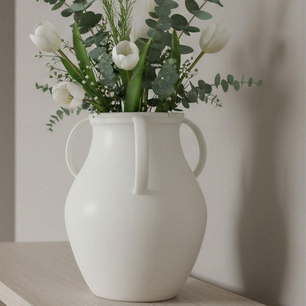 Matte White Ceramic Jug Vase with Handles
