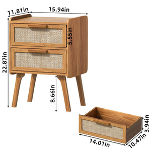 Boho Rattan Nightstand with 2 Drawers & Solid Wood Legs