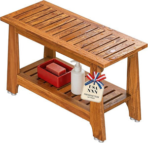NNN 24" Commercial Teak Shower Bench - 8 Non-Slip Leveling Feet & 350 lbs Capacity | Rock-Solid Stability for Seniors & Spa Safety | Waterproof Design for Saunas/Outdoor Pools (Patented)
