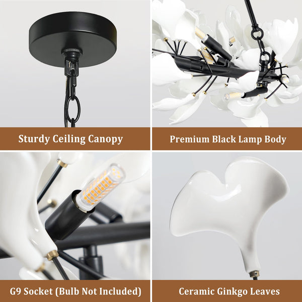 28-Light Ceramic Ginkgo Leaf Branch Chandelier – 35.5" Round Modern Pendant Light