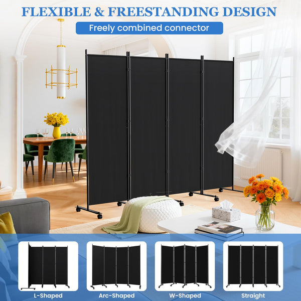 Folding Room Divider with Lockable Wheels & Privacy Screen