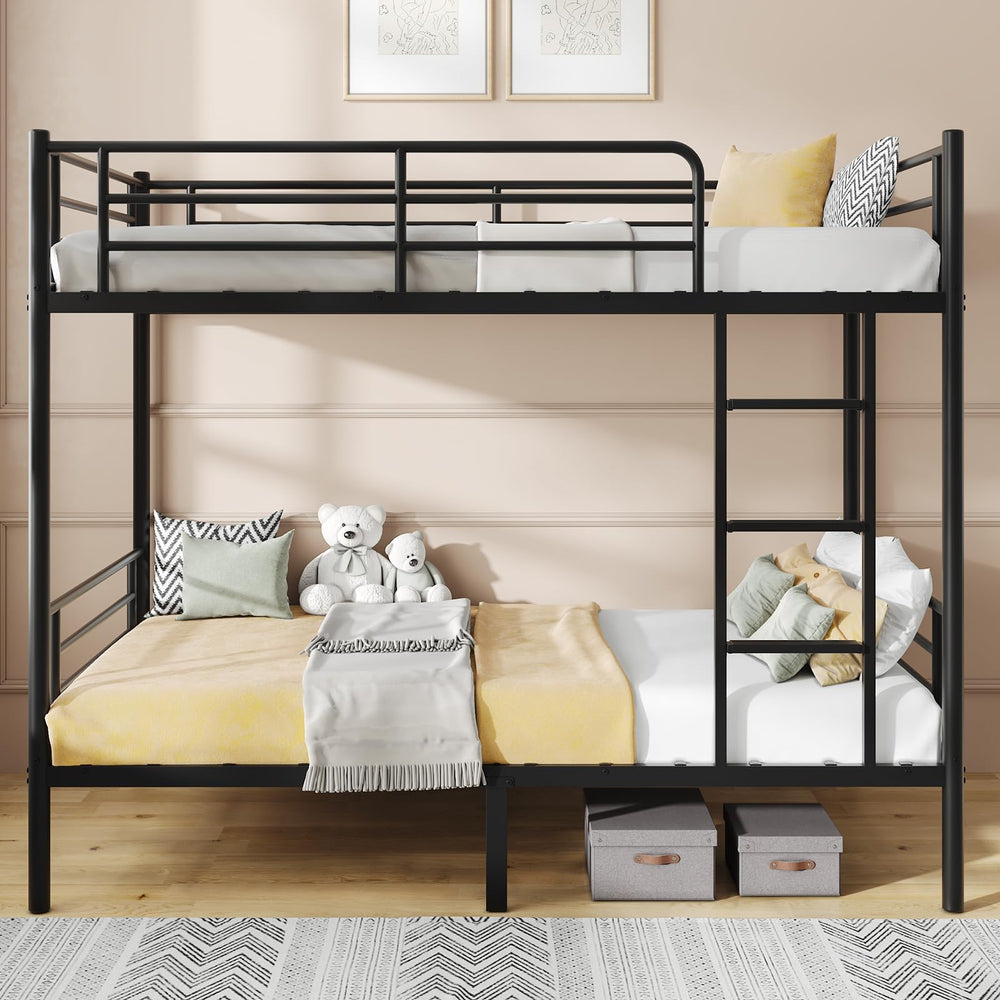 Twin Over Twin Metal Bunk Bed with Guardrails and Ladder