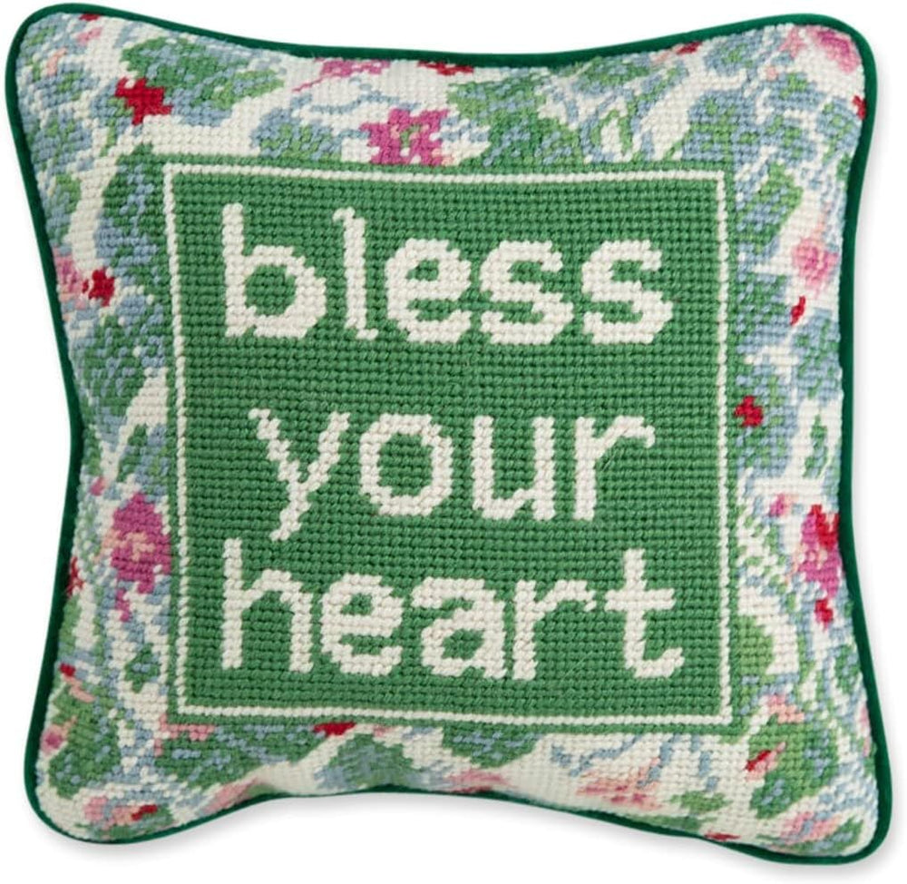 Needlepoint Throw Pillow – Bless Your Heart – 10" x 10" Green Embroidered Accent Pillow