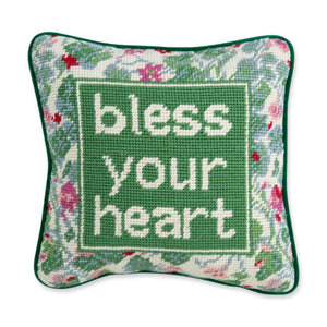 Needlepoint Throw Pillow – Bless Your Heart – 10" x 10" Green Embroidered Accent Pillow