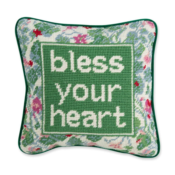 Needlepoint Throw Pillow – Bless Your Heart – 10" x 10" Green Embroidered Accent Pillow