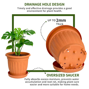 Large Plastic Planters with Drainage & Saucers – Set of 4