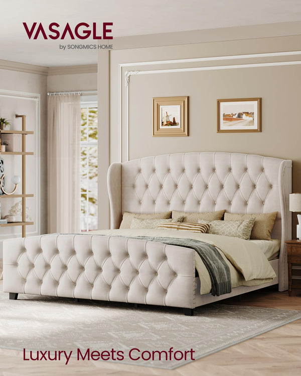 Upholstered Wingback Platform Bed Frame with Tufted Headboard