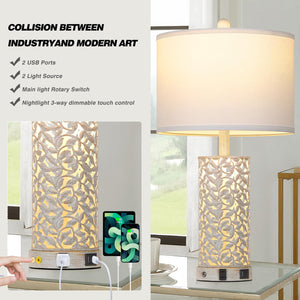 Farmhouse Table Lamp Set of 2 with USB Ports & Nightlight