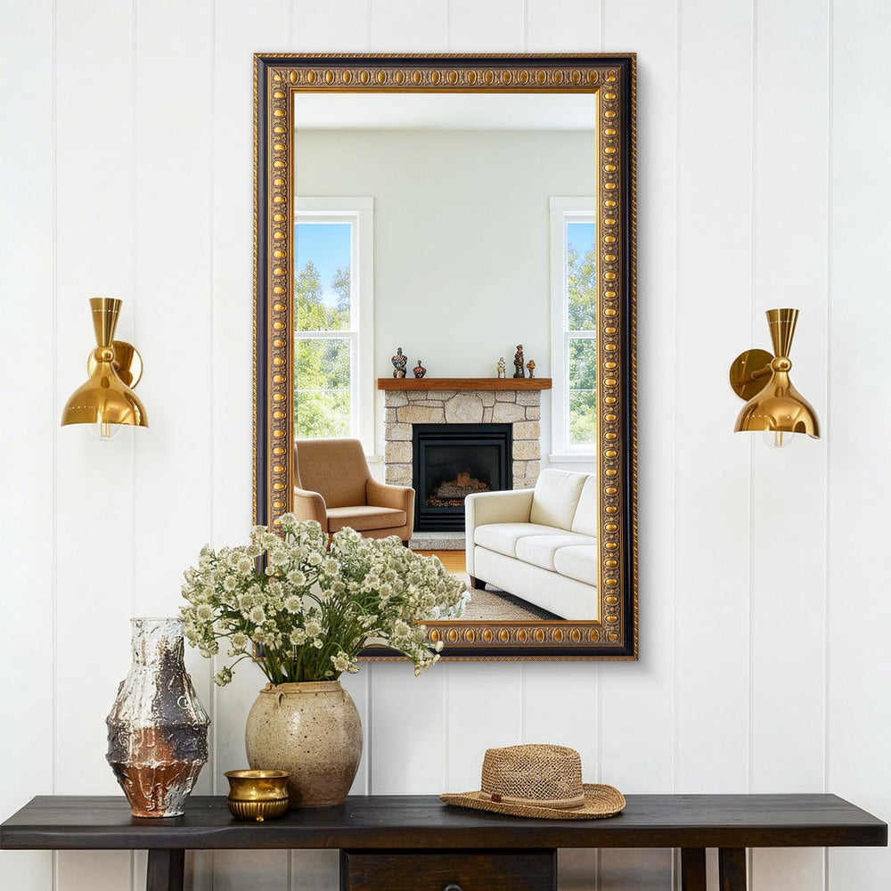 Baroque Wall Mirror – Vintage Gold Rectangular Wood Frame