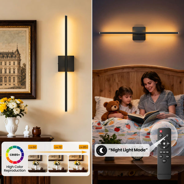 Hardwire Wall Sconce Set of 2 with Remote Control – 28 Inch, Dimmable, 100–240V