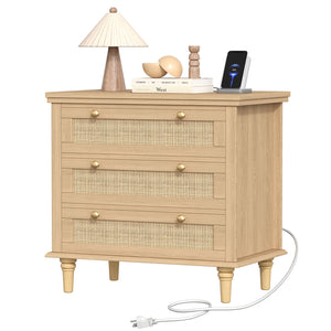Wide Rattan Nightstand with Charging Station & 3 Drawers