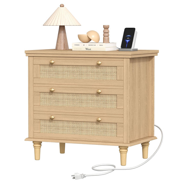 Wide Rattan Nightstand with Charging Station & 3 Drawers