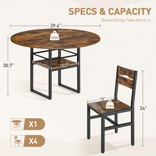Round Dining Table Set with 4 Chairs – 5-Piece Kitchen Dining Set