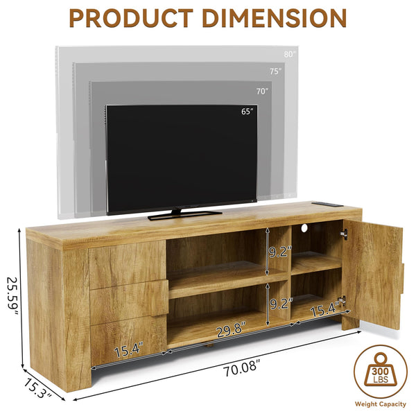 70-Inch Farmhouse TV Stand with Power Outlets & Storage Cabinets