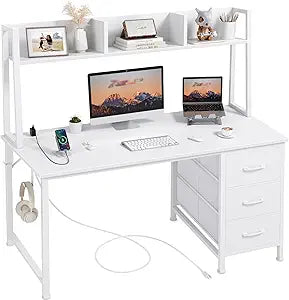 Computer Desk with Hutch & Drawers – 47 Inch, Power Outlets, 3 Storage Drawers