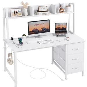 47 Inch Computer Desk with Hutch, Drawers & Power Outlets