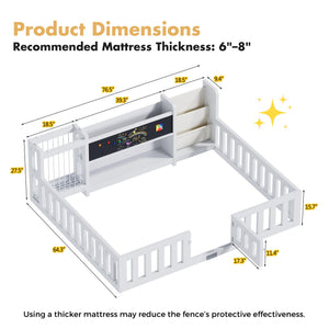 Montessori Floor Bed with Door, Guard Rails, Chalkboard & Bookshelf – Kids Bed Frame