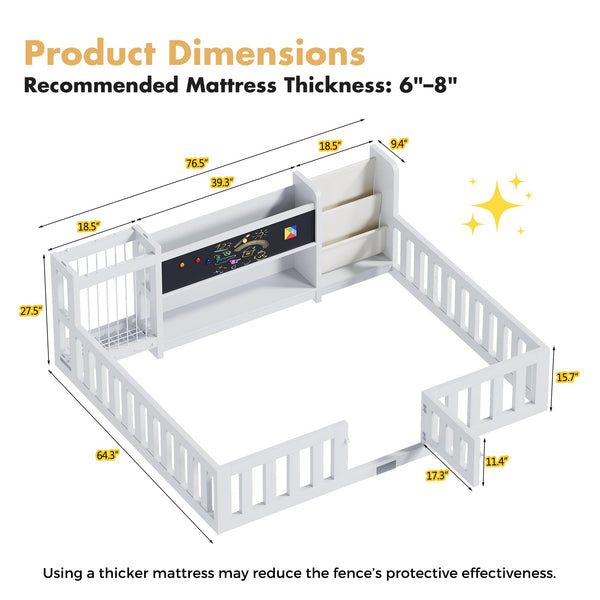 Montessori Floor Bed with Door, Guard Rails, Chalkboard & Bookshelf – Kids Bed Frame