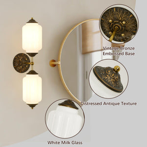 Vintage Milk Glass Bathroom Vanity Wall Sconce – Dimmable, Vertical or Horizontal Mount