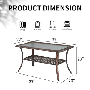 Outdoor Wicker Coffee Table with Storage & Tempered Glass Top
