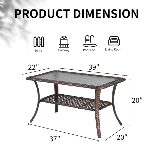 Outdoor Wicker Coffee Table with Storage & Tempered Glass Top