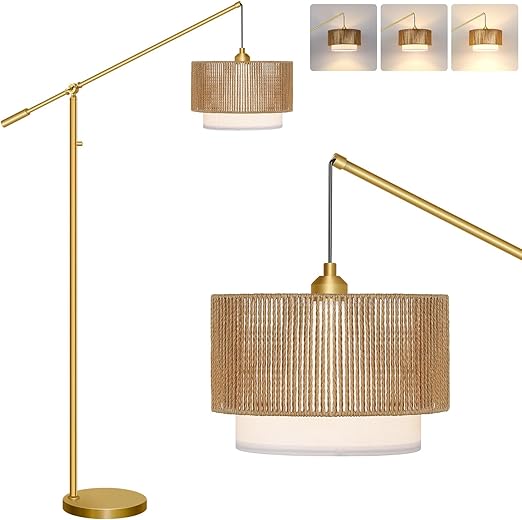 Boho Dimmable Arc Floor Lamp with Rattan & Fabric Shades