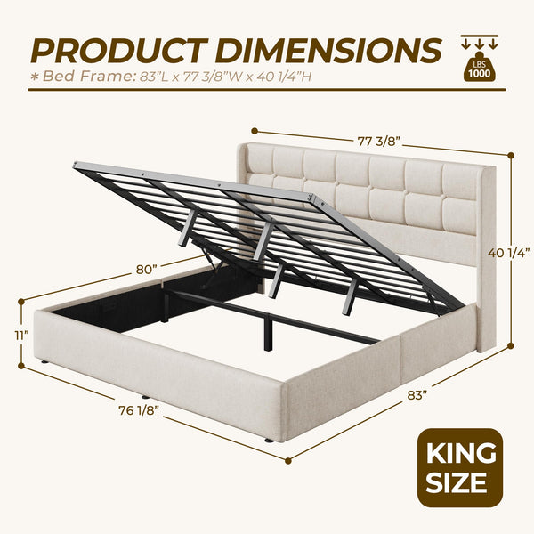 Lift Up Storage Bed Frame with Wingback Headboard
