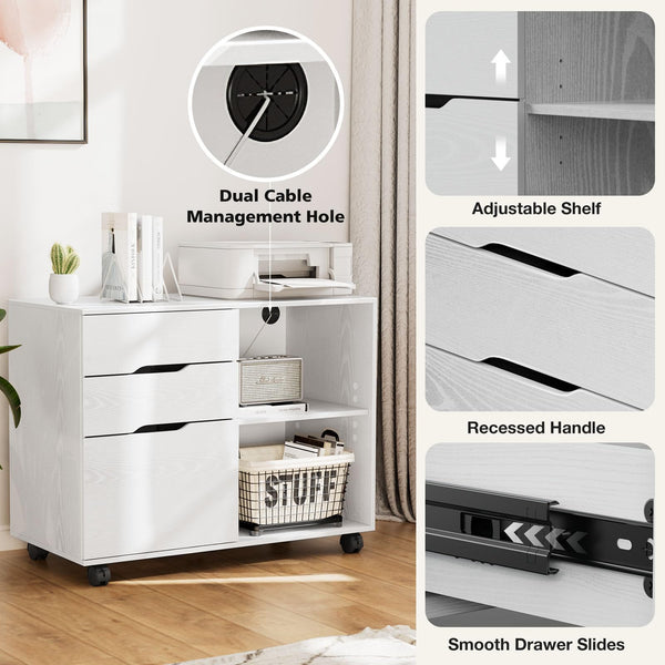 3-Drawer Lateral Filing Cabinet with Printer Stand & Wheels