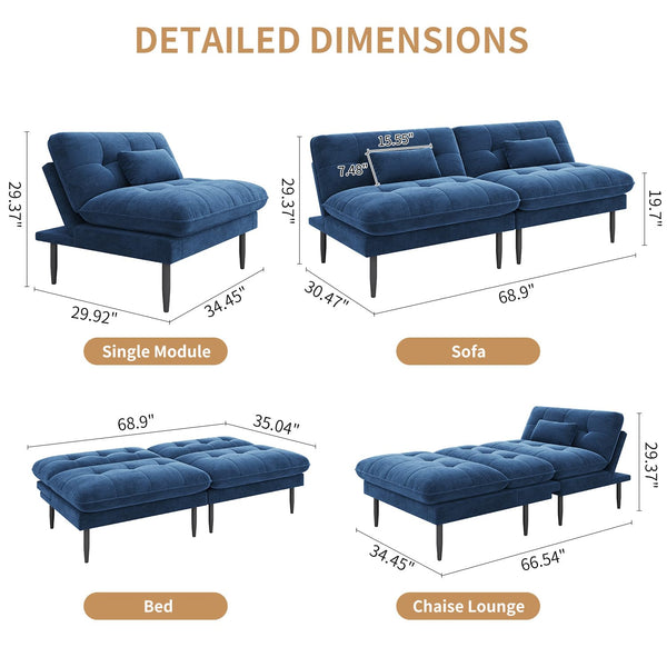 70" Convertible Futon Sofa Bed – Velvet Loveseat, 4-in-1 Sleeper, Blue