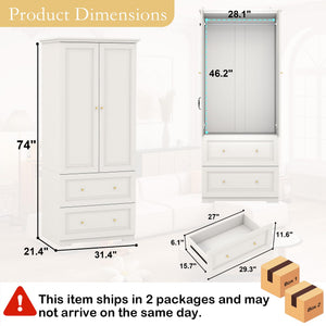 White Wardrobe Closet with 2 Drawers & Hanging Rod