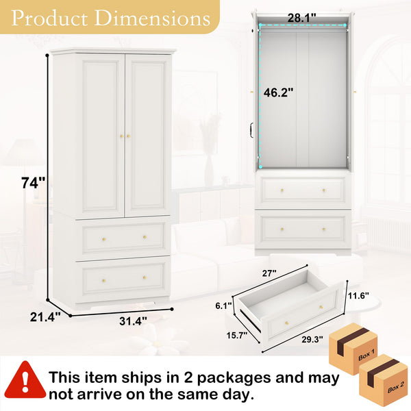 White Wardrobe Closet with 2 Drawers & Hanging Rod