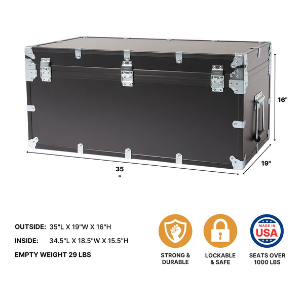 Rhino Trunk & Case XL Indestructo Travel Trunk Luggage With Wheels - 35"x19"x16" Heavy-Duty USA Made Road Case, Strong Flight Cases, ATA Case Style Footlocker, or Secure College Dorm Storage Chest