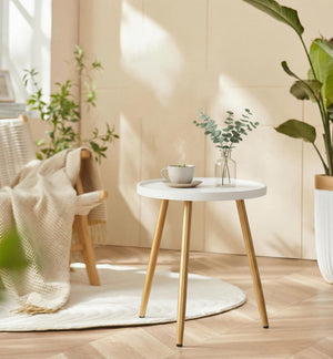 Small Round Side Table with Wooden Tray & Metal Legs