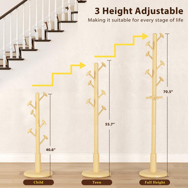Solid Wood Freestanding Coat Rack with 10 Hooks