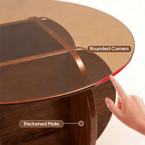 Round Glass Coffee Table with Solid Wood Legs