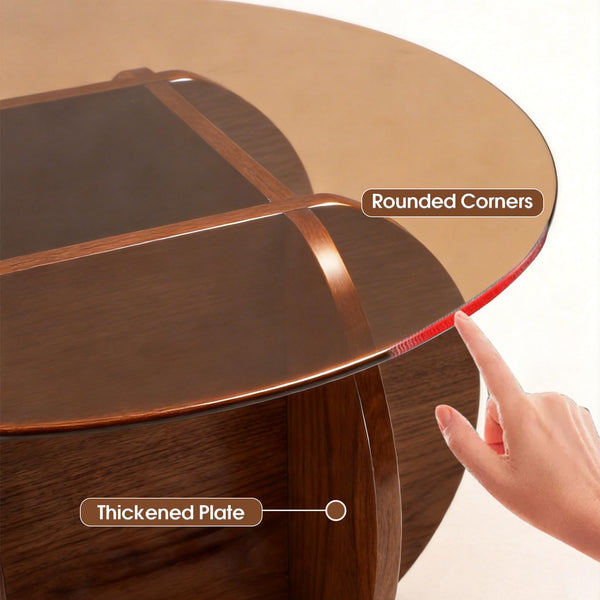 Round Glass Coffee Table with Solid Wood Legs