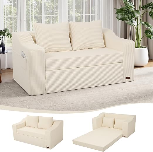 Convertible Futon Sofa Bed with Corduroy Cover & Pillow
