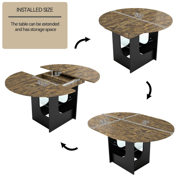 Extendable Round to Oval Dining Table with LED Light & Storage